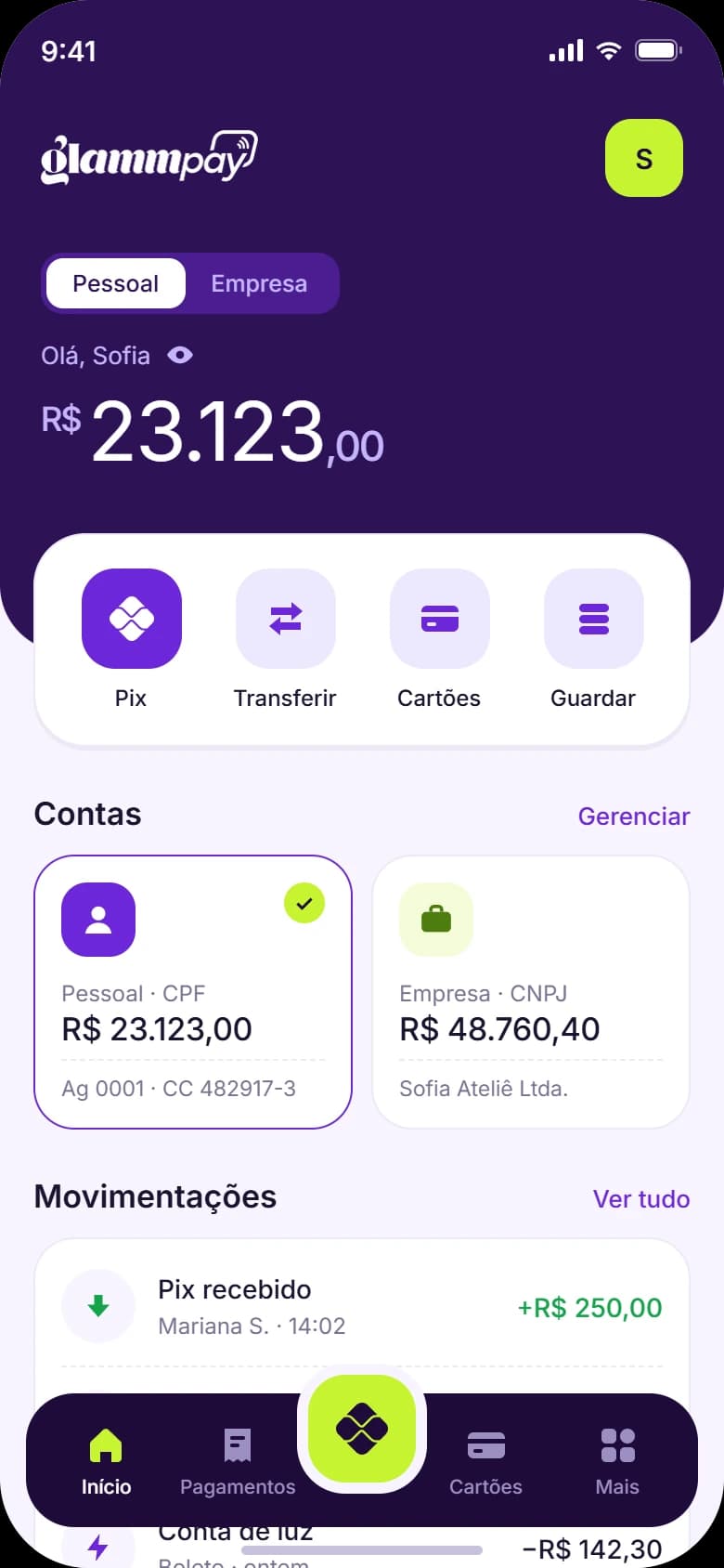 Tela inicial do app glammpay com saldo, atalhos e carteiras (imagem ilustrativa)